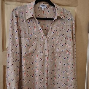 Express Beige Button-Up Shirt with Beach   Pattern